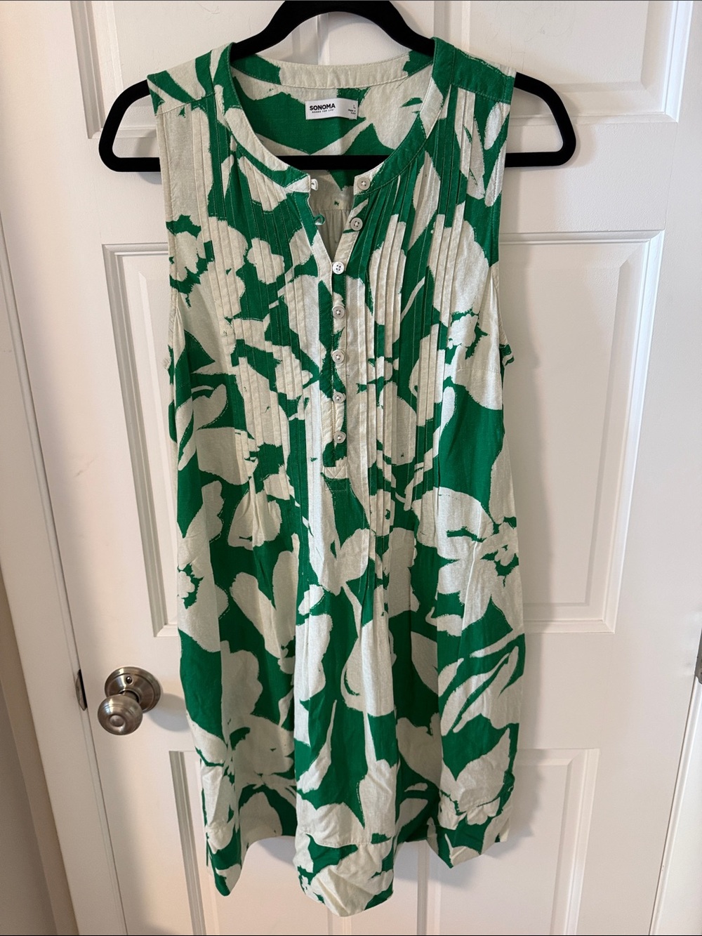Sonoma Goods For Life® Linen Blend Sleeveless Pintuck Dress Green/White Large